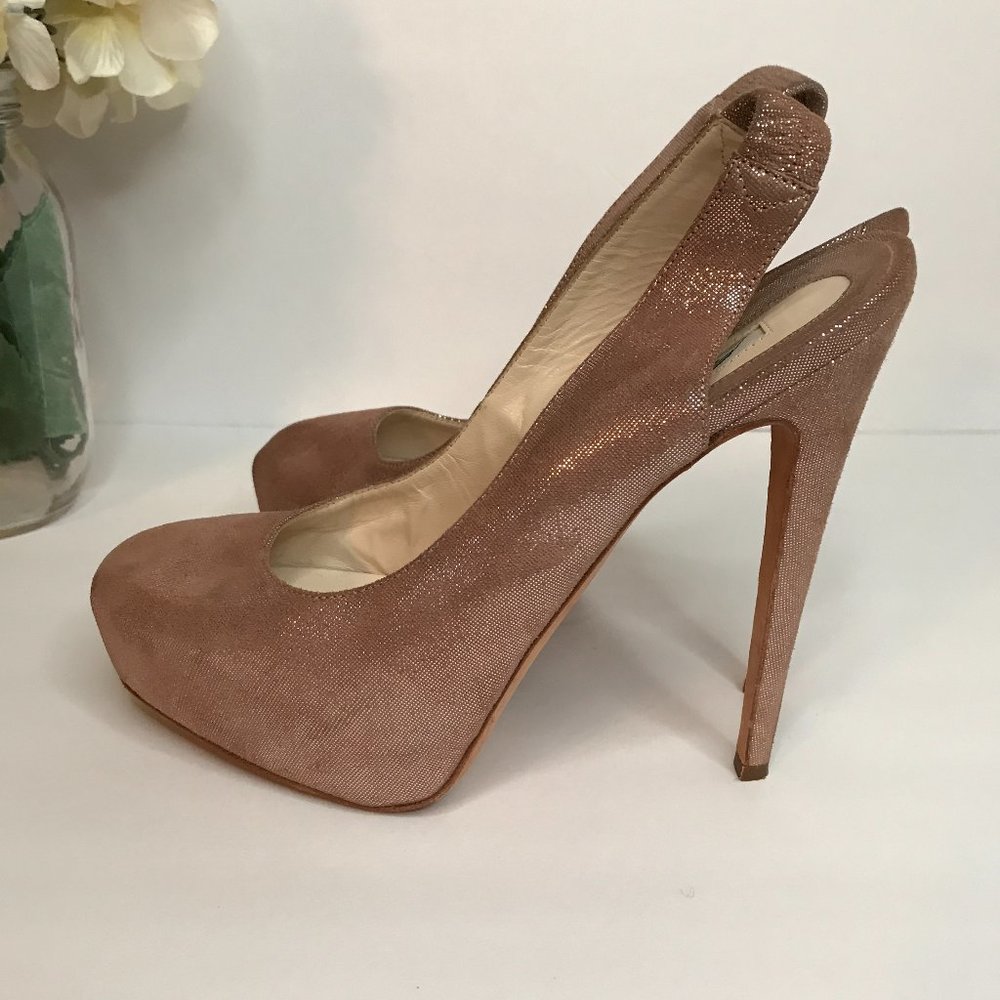 Brian Atwood Women's Size 9 Platform Heels Shimmer High Heeled Shoes Rose Gold